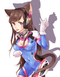 Rule 34 | 1girl, animal ears, armor, artist name, asarilce, bodysuit, breasts, brown eyes, brown hair, cat ears, cat tail, cleavage, cleavage cutout, clothing cutout, covered navel, cowboy shot, d.va (overwatch), eyebrows, facepaint, facial mark, gloves, groin, hands up, headphones, high collar, highres, kemonomimi mode, large breasts, long hair, looking at viewer, overwatch, overwatch 1, pauldrons, paw pose, pilot suit, ribbed bodysuit, shadow, shoulder armor, shoulder pads, simple background, solo, tail, thigh strap, tongue, tongue out, turtleneck, whisker markings, white background, white gloves