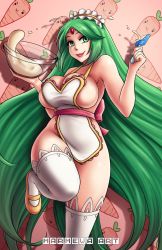 Rule 34 | 1girl, apron, artist name, bare arms, bare shoulders, bowl, breasts, carrot background, cleavage, closed mouth, green eyes, green hair, headdress, highres, kid icarus, large breasts, lips, long hair, marmewa, mary janes, matching hair/eyes, naked apron, nintendo, palutena, shoes, sideboob, smile, solo, spatula, standing, standing on one leg, thighhighs, tiara, very long hair, white thighhighs