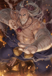 Rule 34 | &gt;:(, 1boy, abs, bald, bandages, barefoot, beard, closed mouth, collarbone, dougi, eyebrows, facial hair, fighting stance, frown, full body, gouken, grey hair, hagure keg, hands up, long hair, looking at viewer, male focus, muscular, muscular male, old, old man, pectorals, red eyes, rope, rubble, scar, serious, shimenawa, topless male, smoke, solo, sparks, standing, stomach, street fighter, street fighter iv (series), toes, v-shaped eyebrows