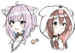 Rule 34 | 2girls, :3, :d, ahoge, animal ear fluff, animal ears, animal hood, blue hair, blush stickers, brown eyes, brown hair, cat ears, closed mouth, collarbone, collared shirt, cropped shoulders, dog ears, dog hood, emoji, fake animal ears, fang, female focus, hair between eyes, hair over shoulder, highres, hololive, hood, hood up, inugami korone, inugami korone (loungewear), low ponytail, multicolored hair, multiple girls, nekomata okayu, nekomata okayu (oversized shirt), open mouth, ponytail, portrait, purple eyes, purple hair, shirt, simple background, smile, thumbs up, toumori kanna, two-tone hair, virtual youtuber, white background, white shirt