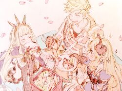 Rule 34 | 1boy, 2girls, blonde hair, cagliostro (granblue fantasy), character request, cherry blossoms, chopsticks, closed eyes, curled horns, dress, eating, gacho p, granblue fantasy, highres, horns, jacket, long hair, multiple girls, open mouth, petals, picnic, razia, sandwiched, sitting, sketch, smile, tiara, vane (granblue fantasy)