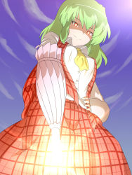 Rule 34 | 1girl, arm cannon, bad id, bad pixiv id, breasts, closed umbrella, dress, female focus, from below, fueiku, glowing, glowing eyes, green hair, hand on own hip, hip focus, kazami yuuka, looking down, plaid, plaid skirt, plaid vest, red eyes, shaded face, skirt, skirt set, solo, touhou, umbrella, vest, weapon