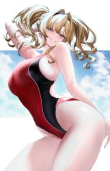 Rule 34 | 1girl, absurdres, alternate costume, arm up, bare arms, bare shoulders, blonde hair, blue eyes, blush, breasts, competition swimsuit, covered navel, granblue fantasy, hair intakes, highleg, highleg swimsuit, highres, large breasts, long hair, looking at viewer, one-piece swimsuit, outdoors, parted lips, smile, solo, swimsuit, teeth, thick thighs, thighs, twintails, two-tone swimsuit, ulrich (tagaragakuin), wet, zeta (granblue fantasy)