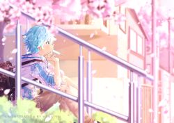 Rule 34 | 1boy, artist name, backpack, bag, blue eyes, blue hair, blurry, blurry background, blush, brown bag, bush, cherry blossoms, chongyun (genshin impact), commentary, contemporary, day, english commentary, eyelashes, falling petals, feet out of frame, food, food in mouth, genshin impact, grey pants, hair between eyes, hanapen, hand up, highres, hood, hood down, hoodie, house, long sleeves, male focus, mouth hold, open mouth, outdoors, pants, petals, popsicle, popsicle in mouth, profile, railing, short hair, sidelocks, sitting, sleeves rolled up, solo, tree, utility pole, vision (genshin impact), watermark, white hoodie