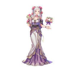 Rule 34 | 1girl, absurdres, anbe yoshirou, bare shoulders, bouquet, breasts, brown eyes, cleavage, commentary request, dress, fire emblem, fire emblem awakening, fire emblem heroes, floating, floating object, flower, full body, hair flower, hair ornament, highres, holding, long dress, long hair, looking at viewer, medium breasts, nintendo, official art, open mouth, robin (female) (fire emblem), robin (female) (valentine) (fire emblem), robin (fire emblem), simple background, sleeveless, sleeveless dress, smile, solo, standing, twintails, white background, white hair