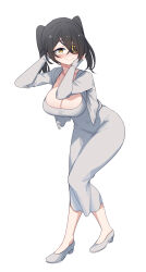 Rule 34 | 1girl, aningay, black hair, blush, breasts, brown eyes, character request, cleavage, closed mouth, collarbone, commentary request, cropped jacket, dongtan dress, dress, eyepatch, full body, grey dress, grey footwear, grey jacket, hair between eyes, hands up, highres, indie virtual youtuber, jacket, korean commentary, large breasts, long sleeves, looking at viewer, meme attire, open clothes, open jacket, shoes, simple background, sleeves past wrists, smile, solo, twintails, virtual youtuber, white background