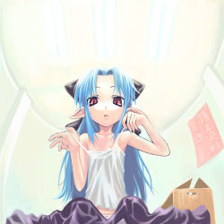 Rule 34 | 00s, 1girl, blue hair, elf, len (tsukihime), lingerie, lowres, melty blood, negligee, panties, pointy ears, red eyes, solo, tsukihime, type-moon, underwear