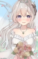 Rule 34 | 1girl, bare shoulders, bouquet, breasts, bridal veil, bride, chuuna (unagiunazy), crying, crying with eyes open, dress, elbow gloves, firefly (honkai: star rail), floating hair, flower, gloves, grey hair, hair between eyes, hair ornament, highres, holding, holding bouquet, honkai: star rail, honkai (series), jewelry, large breasts, long hair, looking at viewer, necklace, off-shoulder dress, off shoulder, sleeveless, sleeveless dress, smile, solo, tears, two-tone eyes, veil, wedding, wedding dress, white dress