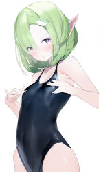 Rule 34 | 1girl, black one-piece swimsuit, commentary request, elf, frog hair ornament, green hair, hair ornament, highleg, highleg swimsuit, highres, kaede (sayappa), one-piece swimsuit, original, pointy ears, purple eyes, short hair, simple background, solo, swimsuit, white background