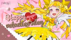 Rule 34 | 1girl, blonde hair, blunt bangs, box, dress, gloves, hair ornament, happy valentine, heart-shaped box, highres, long hair, looking at viewer, makeup, official art, open mouth, piano print, puffy short sleeves, puffy sleeves, purple eyes, shooting star hair ornament, short sleeves, smile, star-shaped pupils, star (symbol), star hair ornament, star in eye, star print, symbol-shaped pupils, symbol in eye, takt op., twinkle star (takt op.), twintails, white gloves, yellow dress