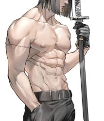 Rule 34 | 1boy, abs, belt, black gloves, blunt ends, bob cut, closed mouth, copyright request, earrings, from side, gloves, hand in pocket, head out of frame, highres, holding, holding sword, holding weapon, hoop earrings, jewelry, korean commentary, lips, male focus, mumu 086, muscular, muscular male, navel, nipples, pants, short hair, simple background, solo, stitches, sword, topless male, upper body, weapon, white background