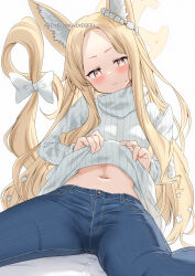 Rule 34 | 1girl, absurdres, alternate costume, animal ear fluff, animal ears, blonde hair, blue archive, blue pants, blush, bow, closed mouth, clothes lift, denim, fox ears, hair bow, highres, jeans, lifted by self, long hair, long sleeves, looking at viewer, navel, pants, ribbed sweater, seia (blue archive), simple background, sitting, solo, stomach, sweater, sweater lift, turtleneck, turtleneck sweater, twitter username, white background, white bow, white sweater, yamano rokamizu, yellow eyes