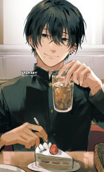 Rule 34 | 1boy, artist name, black hair, black jacket, cake, chainsaw man, cup, earrings, food, fruit, hair between eyes, holding, holding cup, holding utensil, ice, jacket, jewelry, kadeart, looking at viewer, male focus, mole, mole under mouth, restaurant, school uniform, short hair, simple background, sitting, smile, strawberry, strawberry shortcake, table, tea, yoshida hirofumi