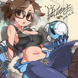 Rule 34 | 1girl, bad id, bad pixiv id, blizzard (company), bongfill, breasts, brown eyes, brown hair, collarbone, dated, glasses, large breasts, looking at viewer, mei (overwatch), mole, mole under mouth, navel, open mouth, overwatch, overwatch 1, short hair, sitting, solo, sweat, tank top