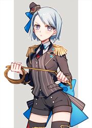 Rule 34 | 1girl, ace attorney, back bow, belt, black hat, black jacket, black necktie, black shorts, blue bow, blue hair, bow, buttons, closed mouth, collared shirt, cosplay, cowboy shot, cropped jacket, earrings, epaulettes, franziska von karma, grey background, hands up, hat, hat bow, headwear request, highres, holding, holding whip, jacket, jewelry, lapels, long sleeves, minami mirei, minami mirei (cosplay), mini hat, mole, mole under eye, necktie, pretty series, print necktie, pripara, purple eyes, sano (merrymerry), shirt, short hair, shorts, sleeve cuffs, solo, striped clothes, striped vest, swept bangs, v-shaped eyebrows, vertical-striped clothes, vertical-striped vest, vest, white shirt
