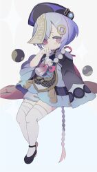 Rule 34 | 1girl, bead necklace, beads, blush, braid, braided ponytail, closed mouth, coin hair ornament, dress, full body, genshin impact, hair ornament, hair ribbon, hat, highres, jewelry, kii (kiiui), long hair, looking at viewer, necklace, ofuda, pink eyes, purple hair, purple ribbon, qingdai guanmao, qiqi (genshin impact), ribbon, simple background, solo, tassel, thighhighs, white thighhighs, wide sleeves