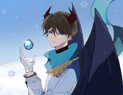 Rule 34 | 1boy, bishounen, black shirt, black wings, blue eyes, blue scarf, blue sky, check copyright, chinese commentary, closed mouth, collared jacket, commentary request, copyright request, day, demon horns, demon wings, diamond (gemstone), fringe trim, gleam, gloves, hair between eyes, highres, horns, huyoujintianhekelelema, jacket, layered sleeves, light smile, long sleeves, male focus, minecraft, original, outdoors, outstretched hand, red horns, scarf, shirt, sky, snow, snowflakes, snowing, solo, turtleneck, turtleneck shirt, upper body, white gloves, white jacket, wings