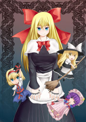 Rule 34 | 3girls, aged up, alice margatroid, alternate breast size, blonde hair, blue eyes, book, bow, broom, crescent, crescent hair ornament, deformed, doll, hair bow, hair ornament, hairband, hat, hat ribbon, highres, kirisame marisa, kurone, multiple girls, open mouth, patchouli knowledge, puppet strings, purple eyes, purple hair, ribbon, role reversal, shanghai doll, touhou, witch hat, yellow eyes