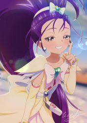 Rule 34 | 1girl, arm warmers, birthday, bow, brooch, cowboy shot, cure egret, day, dress, futari wa precure splash star, hairband, happy birthday, heart, heart brooch, highres, jewelry, long hair, looking at viewer, mishou mai, outdoors, pouch, precure, purple eyes, purple hair, signature, smile, solo, tiler (tiler00), white bow, white dress