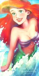 Rule 34 | 1girl, aqua eyes, ariel (disney), artist name, bare shoulders, bikini, breasts, cleavage, copyright name, disney, highres, lipstick, makeup, mermaid, monster girl, navel, open mouth, ponsu (ponzuxponzu), red hair, red lips, smile, solo, swimsuit, the little mermaid, water