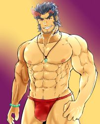 Rule 34 | 1boy, abs, bara, blue hair, broken horn, bulge, cowboy shot, dark blue hair, demon boy, demon horns, facial hair, fang, fiery horns, fundoshi, grin, highres, horns, japanese clothes, jewelry, kouyas 125, large pectorals, long sideburns, male focus, male underwear, mature male, muscular, muscular male, navel, necklace, nipples, pectorals, red male underwear, short hair, sideburns, smile, solo, stomach, stubble, takemaru (housamo), thick eyebrows, thick thighs, thighs, tokyo houkago summoners, underwear, underwear only