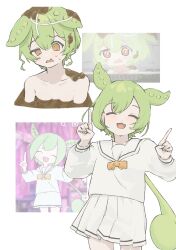 Rule 34 | 1girl, :3, ?, blush, bow, bowtie, closed eyes, collarbone, commentary request, completely nude, cropped torso, curry udon, food, food on head, furrowed brow, gloom (expression), green hair, hands up, highres, internet yamero, long hair, long sleeves, low ponytail, multiple views, needy girl overdose, nude, object on head, open mouth, orange bow, orange bowtie, orange eyes, partially submerged, pea pod, pleated skirt, pointing, pointing up, reference inset, school uniform, serafuku, sitm (i i00yy), skirt, smile, sweat, symbol-shaped pupils, uneven eyes, voicevox, white background, white serafuku, zundamon