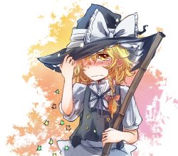 Rule 34 | 1girl, apron, bamboo broom, blonde hair, blush, braid, broom, crying, crying with eyes open, frown, hat, hat tip, kirisame marisa, looking at viewer, messy hair, sad, shirt, short hair, single braid, solo, star (symbol), tears, tigern, touhou, vest, waist apron, witch hat, yellow eyes