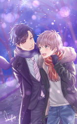 Rule 34 | 2boys, :d, adjusting scarf, black hair, black pants, brown eyes, brown hair, coat, couple, denim, formal, green coat, green eyes, hand up, highres, jeans, kubota mifuyu, lens flare, male focus, multiple boys, necktie, official art, open mouth, outdoors, pants, purple scarf, red scarf, scarf, smile, snow, snowflakes, suit, upper body, yaoi