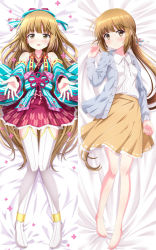 Rule 34 | 1girl, :d, bare shoulders, barefoot, bed sheet, blue bow, blue jacket, blue kimono, blue sleeves, blush, bow, breasts, brown eyes, brown hair, brown skirt, closed mouth, collared shirt, commentary request, dakimakura (medium), detached sleeves, flower, hair bow, hair ribbon, hand up, idolmaster, idolmaster cinderella girls, jacket, japanese clothes, kimono, long hair, long sleeves, looking at viewer, multiple views, neck ribbon, no shoes, nose blush, open clothes, open jacket, open mouth, outstretched arms, pink flower, red skirt, ribbon, ribbon-trimmed sleeves, ribbon trim, shirt, skirt, sleeveless, sleeveless kimono, sleeves past wrists, small breasts, smile, striped bow, striped clothes, striped kimono, sui. (ayase), thighhighs, vertical-striped clothes, vertical-striped kimono, very long hair, white ribbon, white shirt, white thighhighs, wide sleeves, yorita yoshino