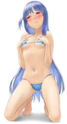 Rule 34 | 1girl, bare legs, bare shoulders, barefoot, bikini, blue bikini, blue hair, blush, breasts, closed mouth, collarbone, fingernails, frown, furrowed brow, hands on own chest, hands up, kneeling, kotonoha aoi, kurione (zassou), long hair, navel, red eyes, shadow, small breasts, solo, straight hair, sweat, swimsuit, thighs, toenails, underboob, very long hair, voiceroid, white background