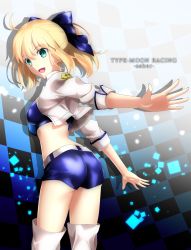 1girl, :d, absurdres, ahoge, artoria pendragon (all), bangs, belt, blonde hair, blue bow, blue bra, blue shorts, boots, bow, bra, breasts, character request, checkered, checkered background, eyebrows visible through hair, fate/grand order, fate (series), floating hair, foo (pixiv54892036), gradient, gradient background, green eyes, hair between eyes, hair bow, highres, jacket, long hair, medium breasts, open clothes, open jacket, open mouth, short shorts, shorts, smile, solo, standing, stomach, thigh boots, thighhighs, underwear, white belt, white footwear, white jacket