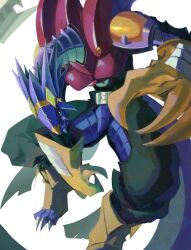 Rule 34 | absurdres, armor, arresterdramon, black pants, colored skin, digimon, digimon (creature), dragon, full body, gloves, highres, legzy, looking at viewer, pants, purple skin, purple tail, red armor, simple background, solo, white background, yellow footwear, yellow gloves