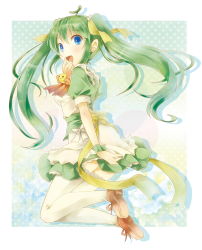 Rule 34 | 1girl, bad id, bad pixiv id, blue eyes, bow, green hair, hand to own mouth, melon-chan, melonbooks, michii yuuki, solo, thighhighs, twintails, white thighhighs, wrist cuffs, yellow bow