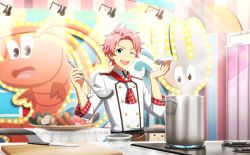 Rule 34 | 1boy, antenna hair, blue eyes, chef, fingernails, food, fork, highres, holding, holding spoon, idolmaster, idolmaster side-m, idolmaster side-m live on stage!, kabuto daigo, kettle, kitchen knife, lab coat, light, looking at viewer, male focus, official art, one eye closed, open mouth, pink hair, smile, spoon, spotlight, stove, teeth, upper teeth only