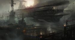 Rule 34 | aircraft, airship, artist request, bird, cannon, cyberpunk, epic, flying battleship balrog, gunbuster pose, highres, industrial, ninja, official art, plasma sword, production art, promotional art, realistic, scarf, science fiction, searchlight, standing, strider (video game), strider hiryuu, sword, turret, vehicle focus, weapon