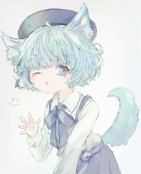 Rule 34 | 1girl, alternate eye color, alternate hair color, animal ear fluff, animal ears, beret, black bow, blue eyes, blue hair, blue hat, blue skirt, blush, bow, collared shirt, commentary request, crescent, crescent pin, dog ears, dog girl, dog tail, grey background, hand up, hat, hatoba tsugu, highres, kemonomimi mode, looking at viewer, mole, mole under eye, one eye closed, parted lips, sha2mo, shirt, simple background, sketch, skirt, solo, star (symbol), suspender skirt, suspenders, tail, tail raised, virtual youtuber, white shirt