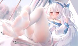 Rule 34 | 1girl, absurdres, azur lane, bare shoulders, blue hairband, blue ribbon, blush, chestnut mouth, criss-cross halter, dress, feet, hairband, halterneck, highres, laffey (azur lane), laffey ii (azur lane), legs, long hair, long sleeves, looking at viewer, on bed, panties, panties under pantyhose, pantyhose, red eyes, ribbon, short dress, sidelocks, sitting, soles, solo, thighs, twintails, underwear, white dress, white hair, white panties, white pantyhose, window, yuki (ice sugar)