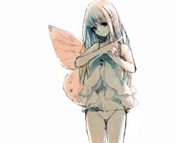 Rule 34 | bad id, bad pixiv id, bottomless, butterfly wings, chemise, cowboy shot, head tilt, insect wings, long hair, monochrome, no pants, original, panties, sakana45, simple background, solo, underwear, white background, wings
