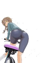 Rule 34 | 1girl, 5pb., absurdres, amane suzuha, ass, bent over, bicycle, bike shorts, braid, breasts, brown hair, cameltoe, highres, kamitsuki manmaru, long hair, looking at viewer, looking back, medium breasts, nitroplus, science adventure, simple background, smile, solo, steins;gate, twin braids, white background