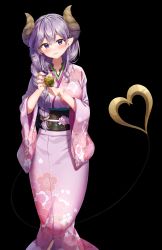 Rule 34 | 1girl, nanashi inc., absurdres, black background, blush, braid, breasts, commentary request, cup, drinking glass, earrings, floral print, hair between eyes, hair over shoulder, head tilt, highres, holding, holding cup, honey strap, horns, japanese clothes, jewelry, kimono, kuria (clear trip second), long hair, long sleeves, looking at viewer, medium breasts, mole, mole under mouth, nail polish, obi, parted lips, pointy ears, print kimono, purple eyes, purple hair, purple kimono, saionji mary, sash, simple background, single braid, solo, tail, very long hair, virtual youtuber, wide sleeves
