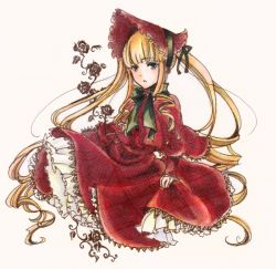 Rule 34 | 1girl, black ribbon, blonde hair, blunt bangs, capelet, dress, floating hair, green eyes, green neckwear, hair ribbon, layered dress, long dress, long hair, long sleeves, marker (medium), open mouth, red capelet, red dress, red headwear, ribbon, rozen maiden, shinku, simple background, solo, traditional media, twintails, uro (m369), very long hair, white background