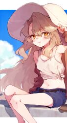 Rule 34 | 1girl, belt, blonde hair, blue sky, blush, cloud, hat, holding, holding clothes, holding hat, long bangs, long hair, midriff, original, outdoors, rimukoro, sitting, sky, solo, sun hat, thick eyebrows, very long hair, yellow eyes