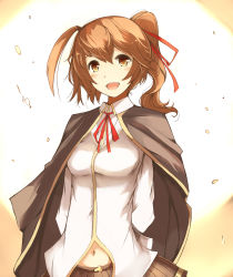 Rule 34 | 1girl, absurdres, arms behind back, blazblue, brown eyes, brown hair, cape, celica a. mercury, hair ribbon, highres, kyuu (plastic night q), long hair, long sleeves, navel, open mouth, ponytail, ribbon, shirt, skirt, smile, solo