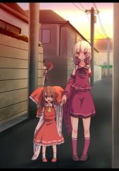 Rule 34 | 3girls, alternate color, alternate hair length, alternate hairstyle, amputee, ascot, bandaged arm, bandages, black footwear, bow, brown eyes, brown hair, child, disembodied hand, expressionless, hair bow, hair tubes, hakurei reimu, holding hands, height difference, highres, house, kneehighs, large bow, long hair, looking down, m.u.g.e.n, maga-reimu, mary janes, multiple girls, no hair bow, open mouth, outdoors, peeking out, pigeon-toed, pink eyes, power lines, purple legwear, purple skirt, red eyes, red footwear, red skirt, ribbon-trimmed legwear, ribbon trim, rion (glayjirobass), road, road sign, round teeth, shoes, sign, size difference, skirt, sleeveless, socks, stalking, street, sunset, teeth, touhou, utility pole, white hair, white legwear, wide sleeves