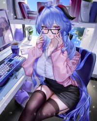Rule 34 | 1girl, absurdres, ahoge, alternate costume, animal slippers, artist name, black skirt, black thighhighs, blue hair, breasts, cellphone, collared shirt, computer, cup, desk, ganyu (genshin impact), garter straps, genshin impact, glasses, goat horns, highres, horns, indoors, jacket, keyboard (computer), large breasts, long hair, long sleeves, looking at viewer, nail polish, office lady, open clothes, open jacket, parted lips, phone, pink jacket, pink nails, purple eyes, ringeko-chan, shirt, sitting, skindentation, skirt, sleeves past wrists, slippers, smartphone, solo, thighhighs, very long hair, white shirt