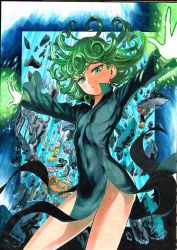 Rule 34 | 1girl, 2boys, bare legs, black dress, breasts, child, cleaned, curly hair, debris, dress, eyelashes, female focus, flat chest, floating, floating hair, genos, glowing hands, green eyes, green hair, highres, looking at viewer, matching hair/eyes, multiple boys, murata yuusuke, no panties, official art, one-punch man, outstretched arms, pelvic curtain, saitama (one-punch man), serious, short hair, shueisha, solo focus, spread arms, tatsumaki, telekinesis, textless version