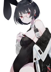 Rule 34 | 1girl, animal ears, bare shoulders, black hair, black leotard, black neckwear, closed mouth, collar, commentary request, detached collar, ear piercing, earrings, eyebrows hidden by hair, fake animal ears, glasses, groin, highres, jacket, jewelry, leotard, nail polish, off shoulder, ogami ren, open clothes, open jacket, original, piercing, playboy bunny, rabbit ears, red eyes, red nails, round eyewear, short hair, simple background, solo, strapless, strapless leotard, white background, white collar, white jacket, wing collar