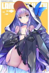 Rule 34 | 1girl, animal hood, ass, bikini, bikini under clothes, black bikini, black jacket, blue bow, blue choker, blue eyes, bow, breasts, choker, collarbone, commentary request, crossed legs, fate/grand order, fate (series), feet out of frame, hair between eyes, hong (white spider), hood, hood up, hooded jacket, jacket, long hair, long sleeves, looking at viewer, making-of available, meltryllis, meltryllis (fate), meltryllis (swimsuit lancer) (fate), meltryllis (swimsuit lancer) (first ascension) (fate), parted lips, penguin hood, puffy long sleeves, puffy sleeves, purple hair, signature, sleeves past fingers, sleeves past wrists, small breasts, solo, swimsuit