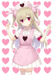 Rule 34 | &gt; &lt;, 1girl, armband, blush, center frills, collared shirt, commentary request, cotton swab, frills, hair between eyes, hair ornament, hands up, hat, head tilt, heart, heart background, heijialan, holding, holding syringe, light brown hair, long hair, looking at viewer, natori sana, nurse cap, outline, parted lips, pink hat, pleated skirt, puffy short sleeves, puffy sleeves, rabbit hair ornament, red eyes, sana channel, shirt, short sleeves, simple background, skirt, solo, syringe, thighhighs, two side up, very long hair, virtual youtuber, white background, white outline, white shirt, white skirt, white thighhighs