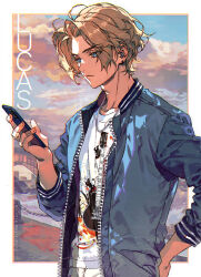 Rule 34 | 1boy, arm up, bishounen, blonde hair, blue eyes, blue sky, cellphone, character name, closed mouth, cloud, cloudy sky, collared jacket, ear piercing, english text, expressionless, from side, hand on own hip, holding, holding phone, jacket, jewelry, kawacy, light blue jacket, light frown, male focus, necklace, open clothes, open jacket, original, parted bangs, phone, piercing, print shirt, shirt, sky, sleeves rolled up, smartphone, solo, upper body, vampire, white shirt, zipper